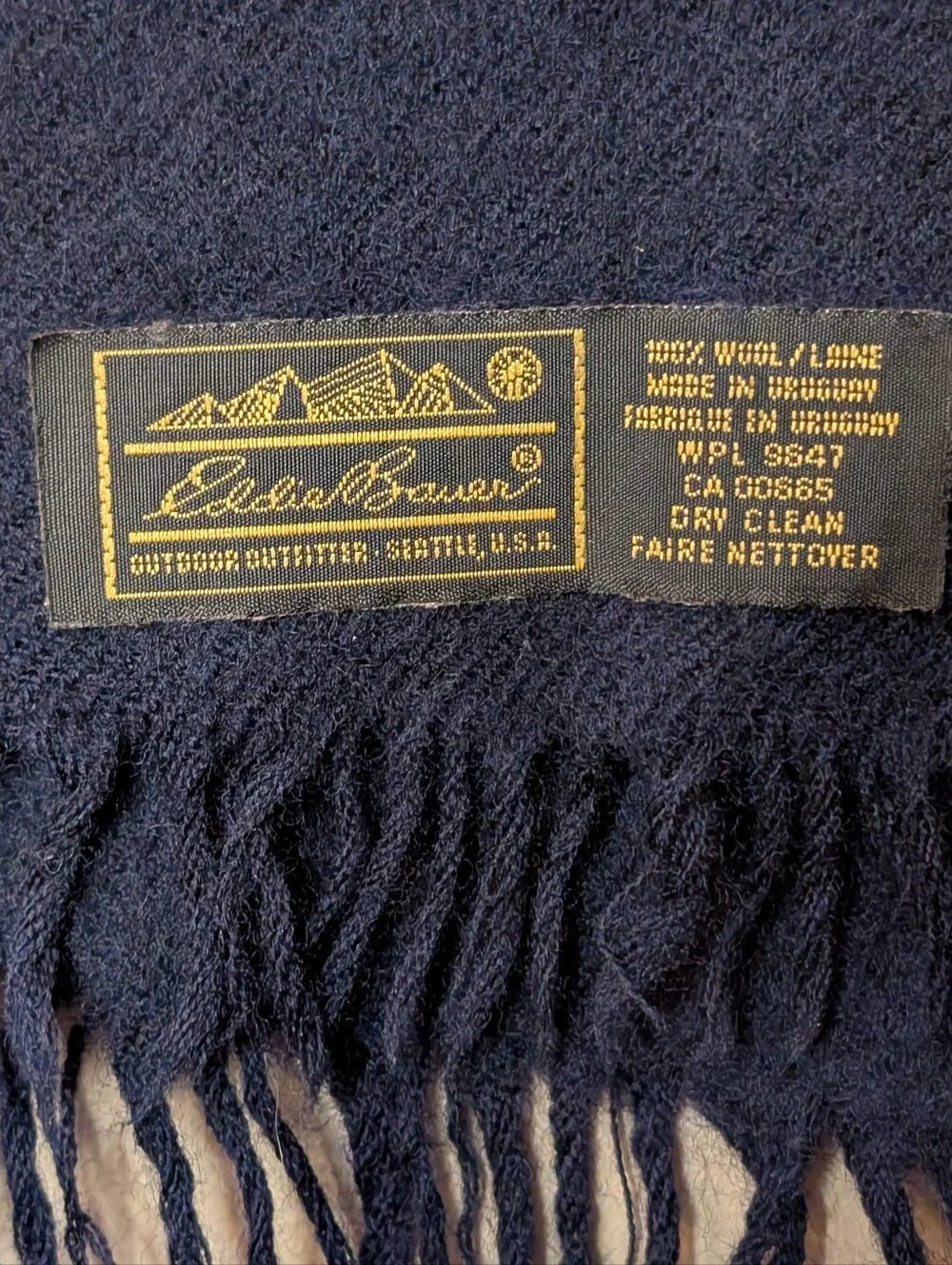 Vintage Eddie Bauer Navy Blue Wool Scarf Fringe Made in USA Winter Unisex